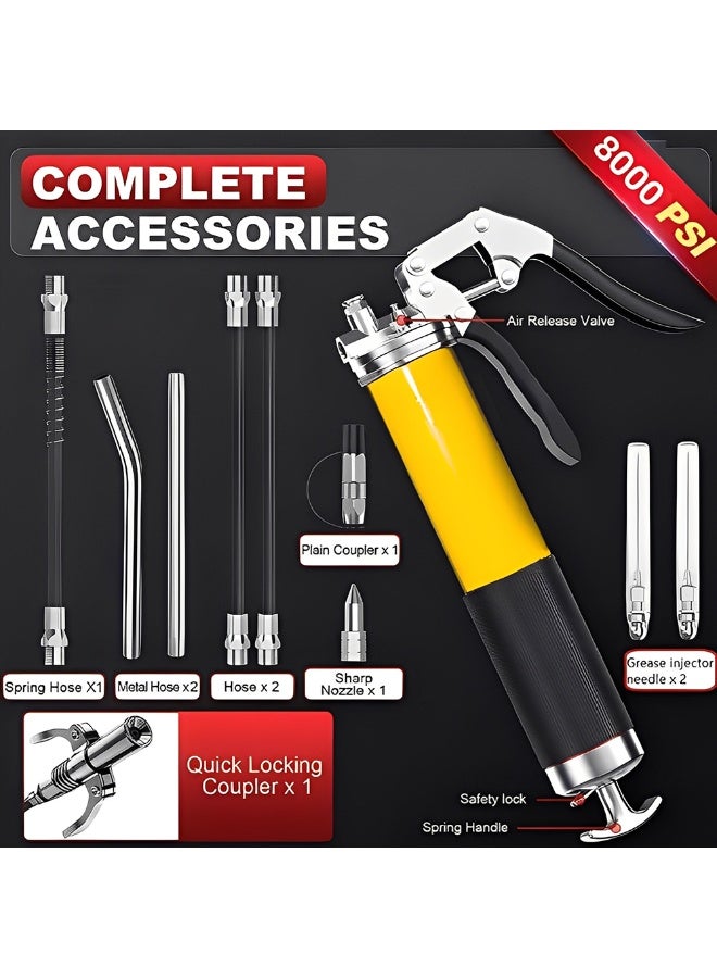 Grease Gun Kit 8000 PSI Heavy Duty Pistol Grip with Flex Hose, Rigid Pipe and Quick Coupler 14oz - Image 2